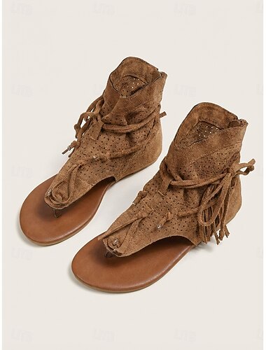  نسائي عطلة احتفال موسيقي شرابات كعب مسطخ أمام الحذاء على شكل دائري بوهيميا العطلة فرو ظبي مسطحات أسود أبيض بني