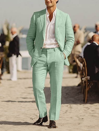  Heren Linnen pakken Strand bruiloft Bruiloft Wit Hemelsblauw Lente zomer Pak Ingesneden revers Formeel Effen Getailleerd 2-delige set Enkele rij knopen met twee knopen