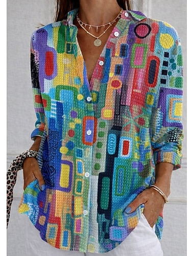  Dame Vaffelskjorte Uformell skjorte Sommertopper Grafisk Geometrisk Årgang Stilfull Langermet Aftæpning Lange topper Daglig utendørs Gateklær Hvit+Svart Regnbue Sommer Vår Høst Vinter