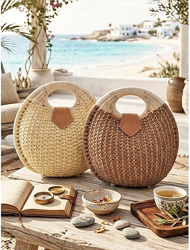  Sac à main rond en paille pour femme, cabas tressé multicolore idéal pour les vacances à la plage, les séjours en station balnéaire, les tenues d'été décontractées et le style bohème au quotidien.
