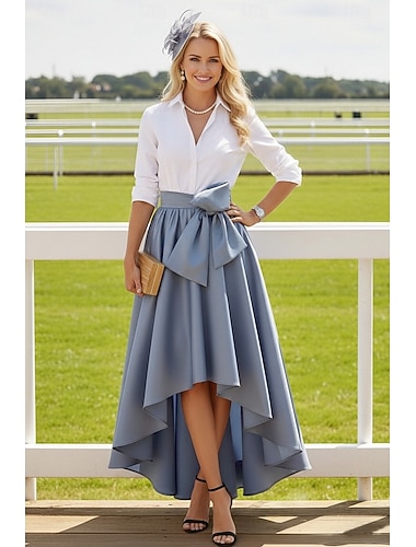  Ligne A Ensembles de Robes Longueur thé Robe d'invité de mariage Robe de Mère de Mariée  manche longue Manche 3/4 Col de chemise Élégant ancien Simple Formel robe demoiselle d honneur Satin avec