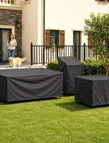  överdrag för uteplatsmöbler svart rektangulärt fyrkantigt 210d oxfordtyg trädgårdsbord och stolsset skyddande överdrag med dragsko vattentätt dammtätt UV-beständigt överdrag (180x150x80cm)