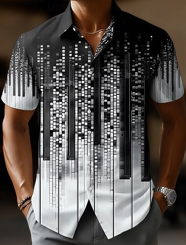  Herre Gradientfarge Piano Musikkinstrument Skjorte Skjorte med knapper Kortermet Vintage retro musikk festival Ferie Sommer Vår Aftæpning 3D-utskrift krage skjorter Rød Lilla Grønn Svart