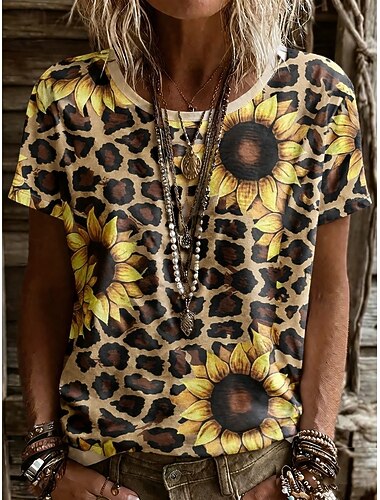 Dames T-shirt Afdrukken Grafisch dier Luipaard Vintage Stijlvol Klassiek Korte mouw Strakke ronde hals Ronde hals Normale tops Dagelijks Weekend Lichtgroen Blozend Roze Khaki Zomer Lente Herfst