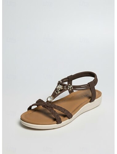  סנדלים אלגנטיים לנשים בצבע קרם עם רצועת T - נעליים שטוחות בוהמיות נוחות עם קישוטי קריסטל לחופשות חוף, חתונות קיץ &הפלגות חוץ