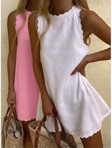  Mehrfachpackungen 2St Damen Rundhalsausschnitt Ärmellos Weiss + Rosa Sommerkleid Weißes Kleid Baumwoll-Kleid mit weißem Rand Basic Einfach Lässig Täglich 100% Baumwolle Sommer