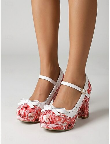  Damespumps met bloemenprint, plateauzool en blokhak, Mary Jane-stijl, ronde teenschoenen met bandjes, perfect voor tuinfeesten en theekransjes. &buitenbijeenkomsten