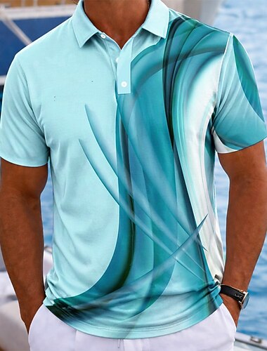 Men's Abstract Geometic Hawaiian Polo Shirts Short Sleeve Polo Shirts Lapel Casual Athleisure Vacation Wear 3D Print Buttons Spring & Summer Blue Purple Green