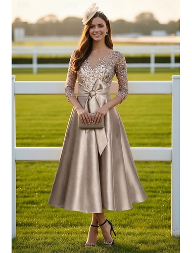  Linea ad A Lunghezza Tè Vestito da Festa Abito da Cocktail Abito da invitata a nozze Abito da cerimonia per signora Mezza Manica Scollo Tondo Elegante Festa Ospite di nozze Raso Pizzo con