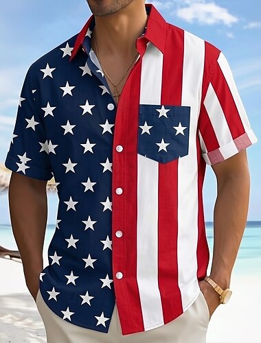  رجالي لنا العلم الذكرى السنوية الـ 250 للولايات المتحدة قميص قميص صيفي زر حتى القميص كم قصير وطنية الأماكن المفتوحة مناسب للعطلات الصيف الربيع طوي طباعة ثلاثية الأبعاد قميص بياقة جيب أمامي واحد أزرق