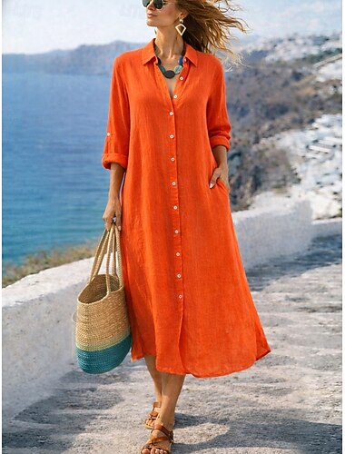  女性用 マキシドレス コットンリネンドレス シフトドレス ベーシック 日常 ルーズフィット 平織り 長袖 シャツカラー ブラック ホワイト ライトブラウン オレンジ 夏 春 秋
