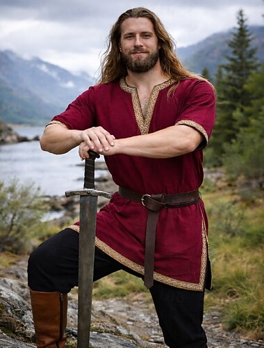  Médiéval Renaissance Pantalon Tenues Ceinture Taille Manches longues Vikings Ranger Col en V Déguisement Homme Viking Pirate Mascarade Soirée Foire de la Renaissance LARP Adulte Chemise Pantalon