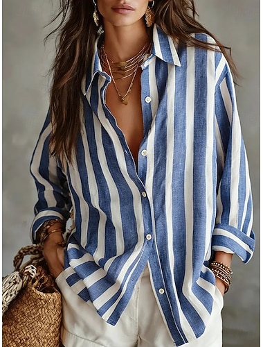  Mulheres Blusa Gráfico Listrado Diário à moda Básico Manga Longa Colarinho de Camisa Tops regulares Diário Azul Amarelo Rosa Verão Primavera