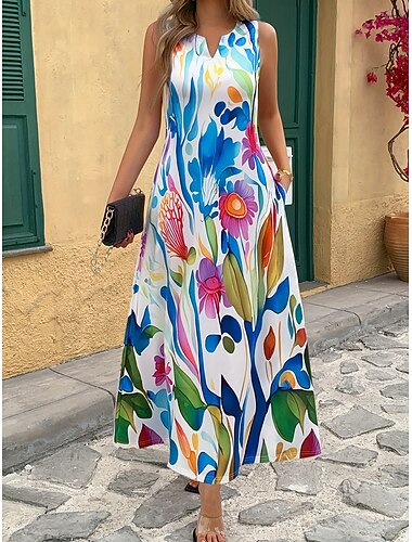  Damen Maxikleid Sommerkleid A Linie Kleid Urlaub Lässig Boho Ferien Normale Passform Blumen Grafik Ärmellos V Ausschnitt Blau Sommer Frühling