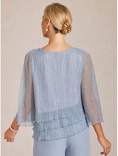  Dames Blouse Geklede topjes Metallic Effen Kleur Elegant 3/4 mouw Bel Strakke ronde hals Normale tops Dagelijks Bruiloft gast Hemelsblauw Zomer Lente Herfst
