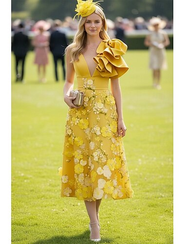  A-linje Te-lengde Festkjole Cocktail Kjole Gjestekjole til bryllup Kjole til brudens mor Ermeløs V-hals Elegant Formell Bryllupsgjest Bryllupsfest Sateng med Broderi Appliqué Ensfarget