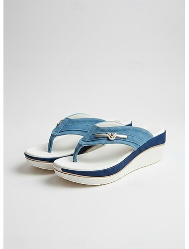  dames denim wedge flip-flop sandalen – stijlvolle casual strandkleding met comfortzool en metalen accent