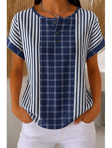  Dames tops van gebreide stof met wafelstructuur, t-shirt met ombre-print, grafisch ruitpatroon, stijlvol klassiek, korte mouwen, ronde hals, henley, lange tops, casual, dagelijks, sportief, blauw,