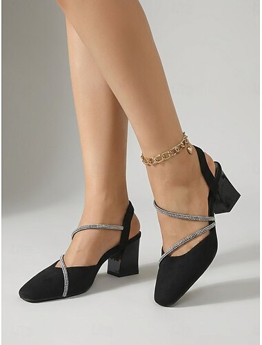  Women's Black Rhinestone Strap Block Heel Pumps – Elegant Cocktail Evening Dress Shoes