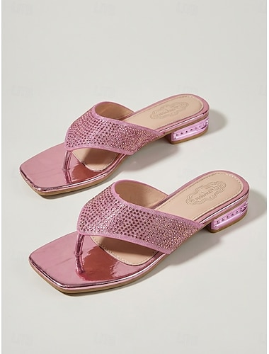  Sandales plates roses à strass pour femmes, mules de soirée à bout ouvert pour un dîner à l'hôtel ou des vacances &occasions de fêtes estivales