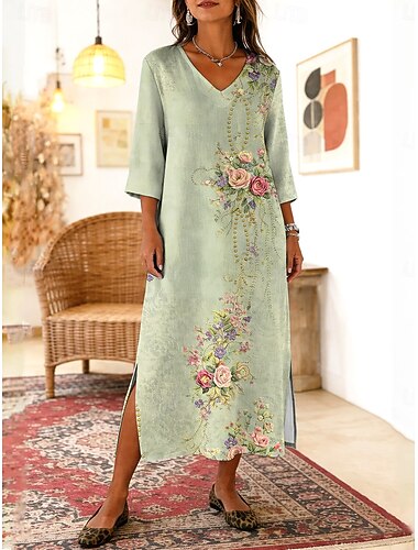  Femmes Robe Longue Maxi Robe Robe bohème Robe fourreau Robe d'Été Robe de Plage Bohème Vacances Ethnique Plage Fête Date Coupe Ample Fleuri Graphique Abstrait Manche 3/4 Col en V Bleu Vert Claire Ét