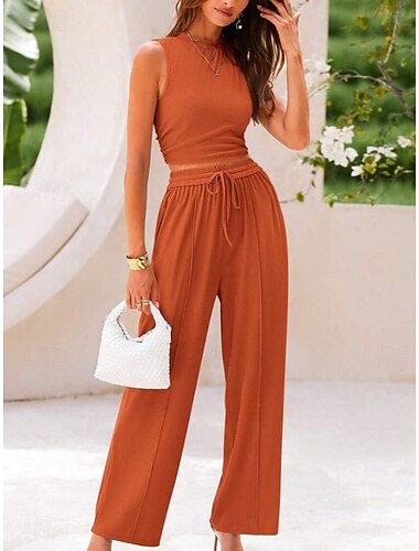  בגדי ריקוד נשים סטים של שני חלקים ללא שרוולים אחיד אלגנטית חופשה אופנתי שחור ירוק בהיר כתום קיץ רגיל