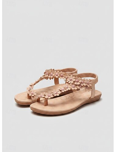  dámské květinové zdobené sandály s páskem ve tvaru T s polstrovanou podrážkou – ideální pro příležitostné letní výlety