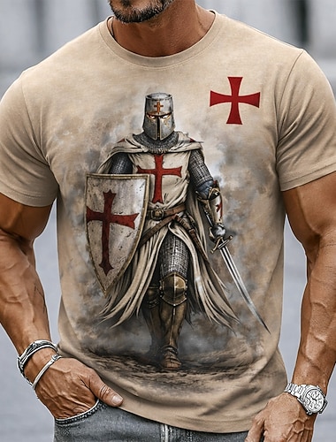  herr riddare tempelriddare röda korset svärd sköld korsfarare medeltida kristen vintage heroisk kortärmad t-shirt heltäckande tryck avslappnad passform streetwear vardagskläder designerkläder s m l xl