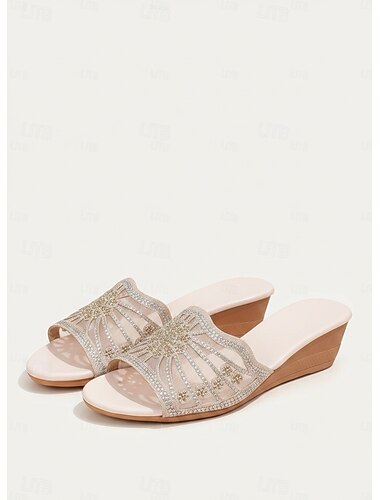  Elegantes sandalias de cuña con punta abierta adornadas con diamantes de imitación para mujer: elegantes zapatos sin cordones para uso informal, de noche y de fiesta.