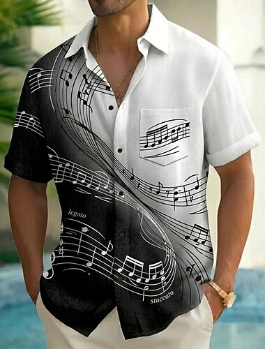  Férfi Színátmenet színe Zongora Hangjegyek Ing Nyári póló Gombos póló Rövid ujjú Vintage Retro zenei fesztivál Szabadság Nyár Tavasz Térfogatcsökkenés 3D nyomtatás galléros ingek Első egy zseb Szürke
