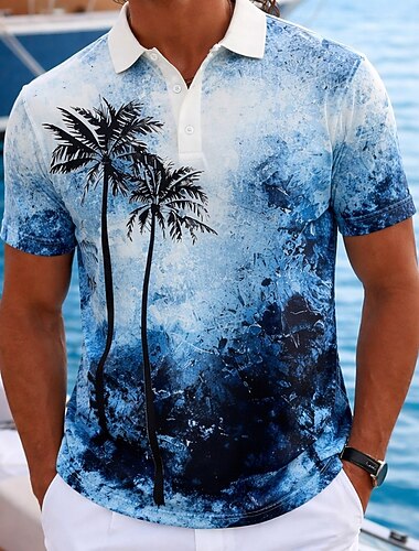  Férfi Pálmafa Hawaii pólóingek Rövid ujjú Pólóingek Galléros ingek Alkalmi Sportruházat Nyaralási viselet 3D nyomtatás Gombok Jól szellőző háló Tavaszi nyár Medence Arcpír rózsaszín Bíbor