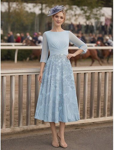  A-Linie Šaty K lýtkům Šaty pro svatební hosty Šaty pro matku nevěsty 3/4 délka rukávu Úzký výstřih Elegantní Vinobraní Formální Svatební host Kentucky Derby Šifón s Sklady Flitry Aplikace