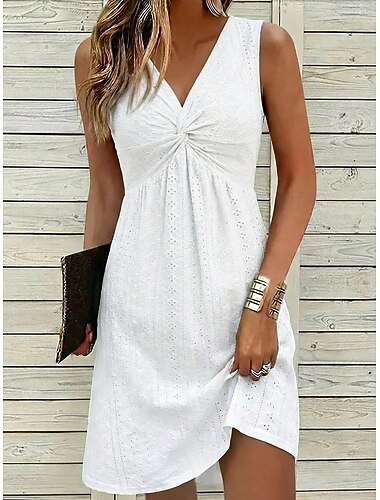  Dam Kort miniklänning Vit klänning Sommarklänning Öljett klänning Mode Modern Strand Semester Helgdag Normal Slät Ärmlös V-hals Vit Ljusgrön Rodnande Rosa Sommar Vår