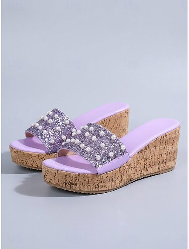  Sandales compensées élégantes pour femmes, ornées de fausses perles noires, idéales pour les croisières et les soirées sur le pont. &vêtements de villégiature de luxe