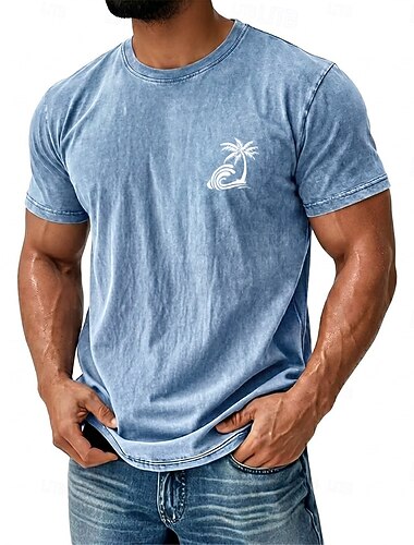  Vintage blauw T-shirt met oceaan- en palmboomprint voor heren, ronde hals, korte mouwen, met grafische print, perfect als surf-, strand- of vakantiecadeau voor hem. Designer kleding.