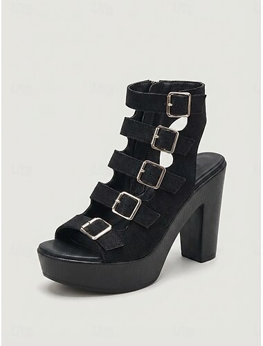  Zwarte, robuuste sandalen met hoge hakken voor dames - gothic platform sandalen met meerdere gespbanden en een ritssluiting aan de zijkant, perfect voor outdoor muziekfestivals, raveparty's en concerten.