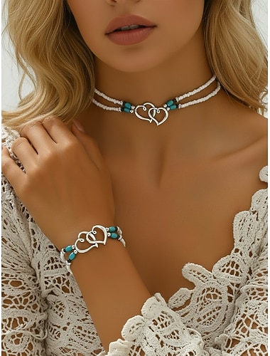  Dames bohemian kralenketting en armbandenset met dubbele hartvormige hanger van legering, perfect als strandvakantiesieraad voor meisjes en vrouwen, of als cadeau voor dagelijks gebruik.