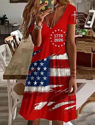  Amerikai függetlenség napja Női Mini ruha Pólóruha A vonalú ruha Alkalmi Napi Normál Grafika Amerikai zászló Rövid ujjú V-alakú Fehér Rubin Nyár Tavasz