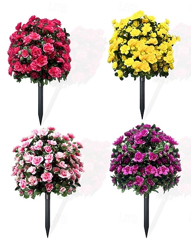  Fiore di azalea artificiale con picchetto da terra, paletto da giardino di azalea finta resistente ai raggi UV da 58 cm, arbusti di verde artificiale per portico esterno, patio, decorazioni per