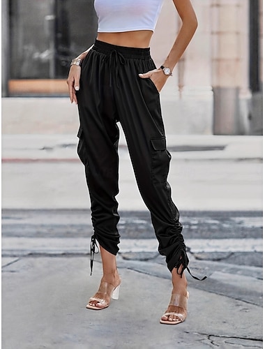  Mujer Ajustado Chinos Vacaciones Ropa de calle Básico Longitud total Alta cintura Color sólido Bolsillo Cintura elástica Confortable Comodidad Rígido Diario Exterior Calle Negro Verano Primavera Otoño