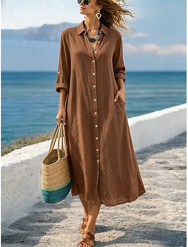  Dames Maxi-jurk Jurken van katoen en linnen Hemdjurk Basic Dagelijks Ruim Passend Effen Lange mouw Overhemdkraag Zwart Wit Licht Bruin Oranje Zomer Lente Herfst