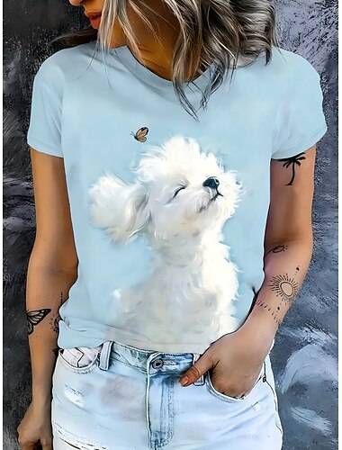  Dame T skjorte Trykt mønster Grafisk Dyr Hund Årgang Stilfull Klassisk Kortermet Crew-hals V-hals Vanlige topper Avslappet Daglig Blå Hvit / Blå Svart Gul Kakifarget Sommer Vår