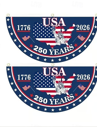  USA:s 250-årsjubileumsflagga utomhus, patriotisk 1776–2026 med Frihetsgudinnans gård och husbanner för den 4 juli