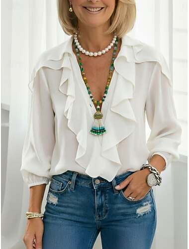  Damen Hemd Bluse Rüsche Einfach Elegant Aktiv Langarm V Ausschnitt Normale Oberteile Täglich Outdoor Ferien Schwarz Weiß Hellgrün Grün Rosa Sommer Frühling