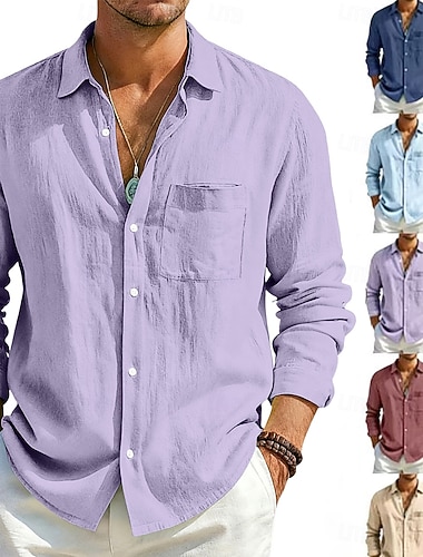  Herren Hemd Leinenhemd Sommerhemd Strandbekleidung Knopfhemd Einfach Lässig Täglich Blau Schwarz Weiß Hellgrün Langarm Umlegekragen Frühling & Sommer Sommer Bekleidung