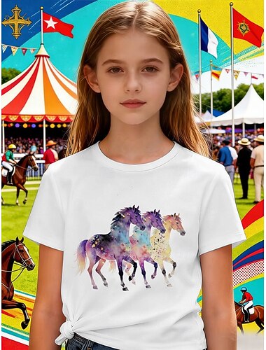  100% Algodão Derby de Kentucky Infantil Para Meninas Branco Gráfico Cavalo Camisa Camiseta Gola Redonda Manga Curta Férias Desportos e Ar livre Dia a Dia Moda Roupa de rua Casual Estampado Verão