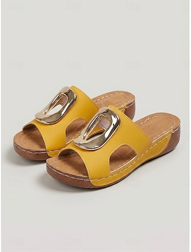  Sandalias de cuña amarillas para mujer, con plataforma y hebilla metálica, cómodas sandalias casuales de punta abierta para salidas de verano al jardín. &uso diario