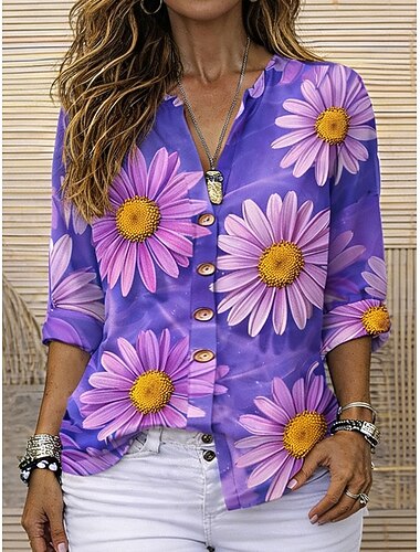  Dames Overhemd Tuniek Zomer tops Knop Bloemig Grafisch Madeliefje Vakantie Vintage Dagelijks 3/4 mouw V-hals Normale tops Dagelijks Feestdagen Uitgaan blauw Geel Blozend Roze Paars Groen Zomer Lente