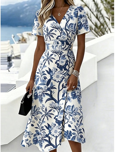  Per donna Abito Midi Abito a trapezio Vacanza Casual Boho Quotidiano Vestibilità regolare Floreale Grafico Manica Corta Scollo a V Blu Bianco Arancione Estate Primavera
