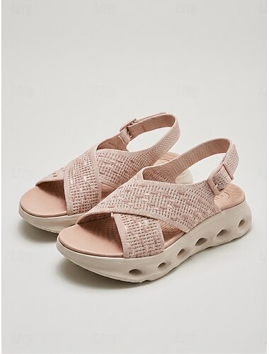  Damesandaler med svangstøtte – åndbare striksandaler med platform og justerbar rem, lette, polstrede vandresko til rejser og udendørs brug &daglig brug